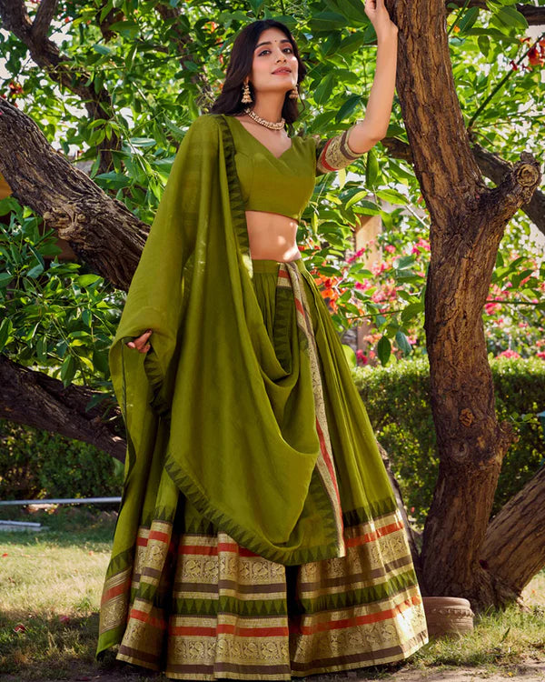 Womenline Mehndi Color Pure Chanderi Plain Half Saree