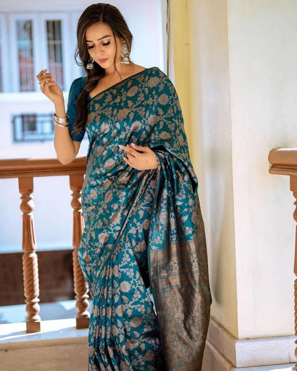 Womenline Rama Color Banarasi Jacquard Soft Silk Saree