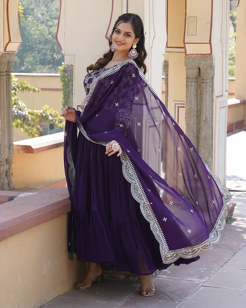 Womenline Purple Color Anarkali Gown With Faux Blooming Dupatta