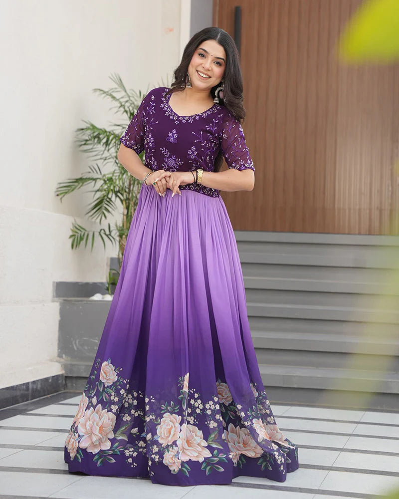 Womenline Purple Color Faux Blooming Embroidered work Gown