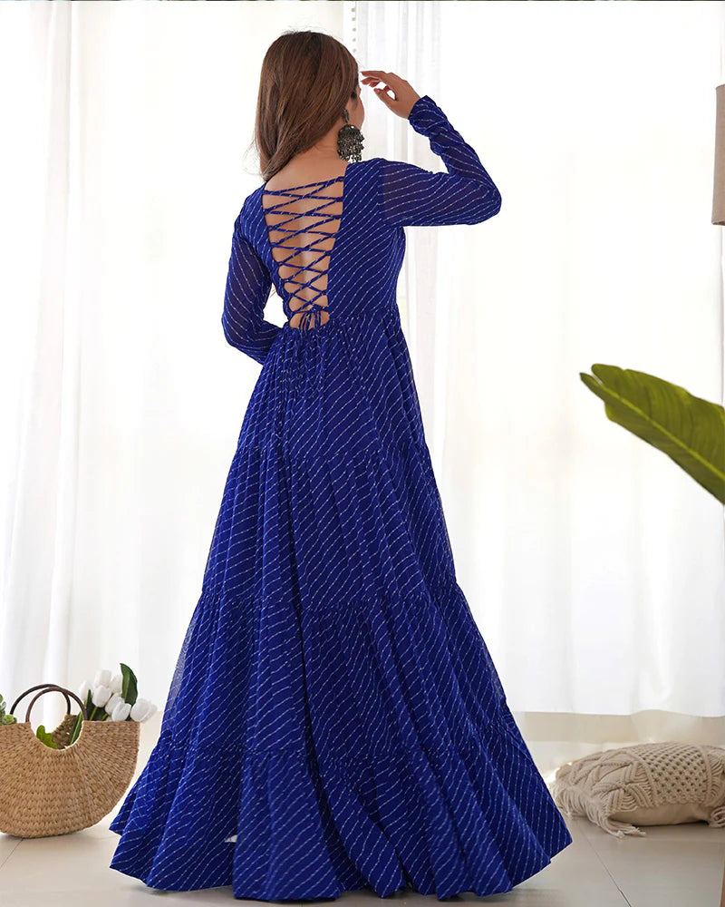 Womenline Royal Blue Color Georgette Laheriya Print Navratri Gown