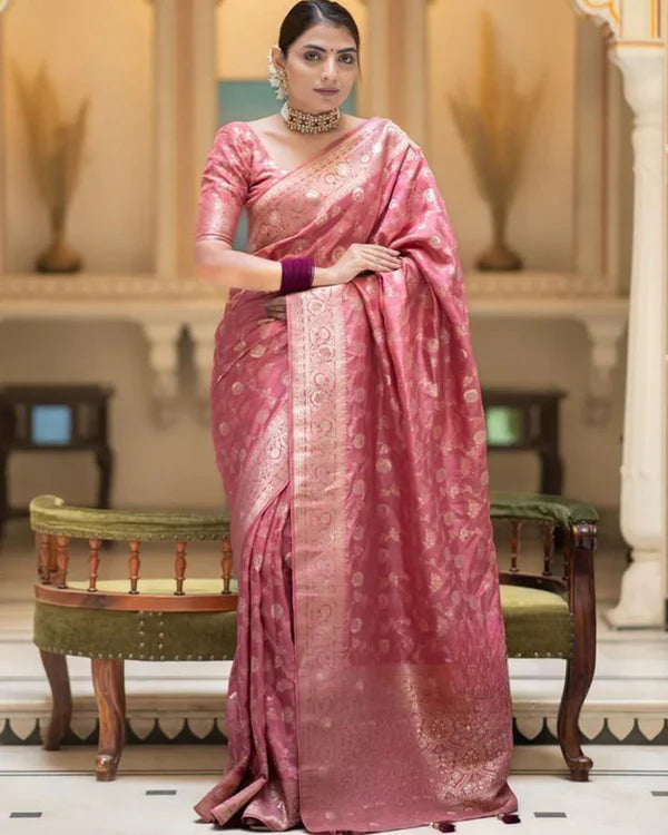 Womenline Orange Color Banarasi Jacquard With Zari Work Saree