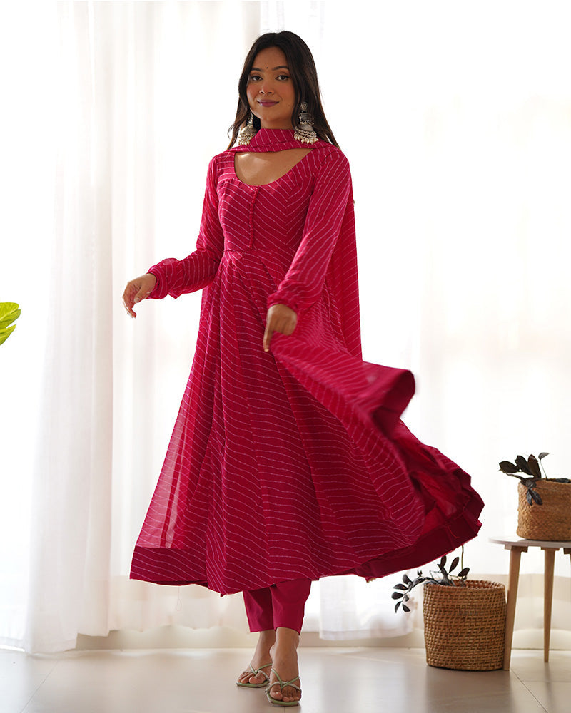 Womenline Rani Pink Color Laheriya Print Georgette Three Piece Anarkali Suit