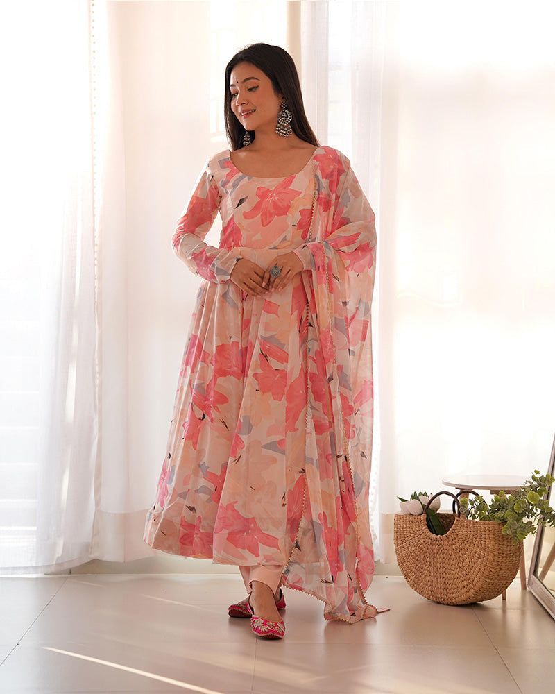 Womenline Beautiful Baby Pink Multi Color Georgette Three Piece Anarkali Suit
