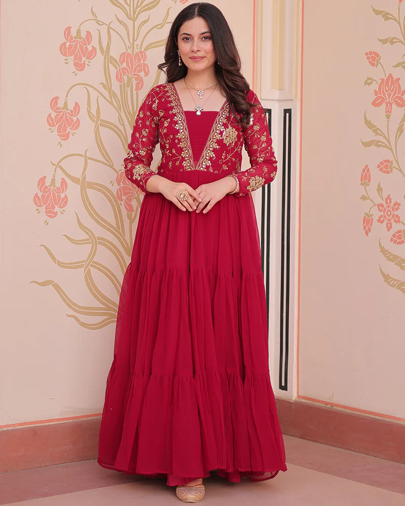 Womenline Elegant Rani Pink Floor-Length Gown With Golden Threadwork