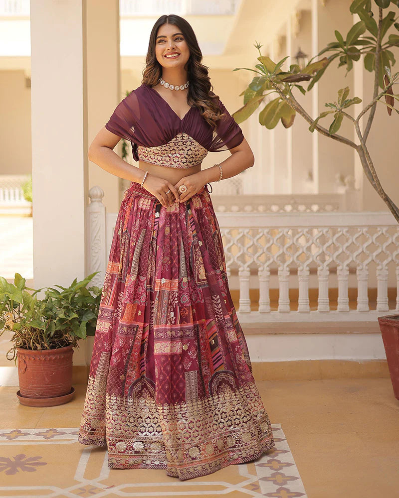 Womenline Wine Color Designer Russian Silk Embroidery Crop Top Lehenga Choli