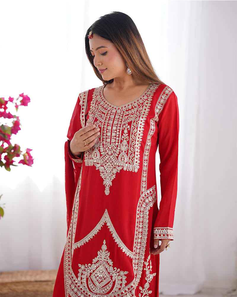 Womenline Red Color Vichitra Silk Three Piece Kurti Suit