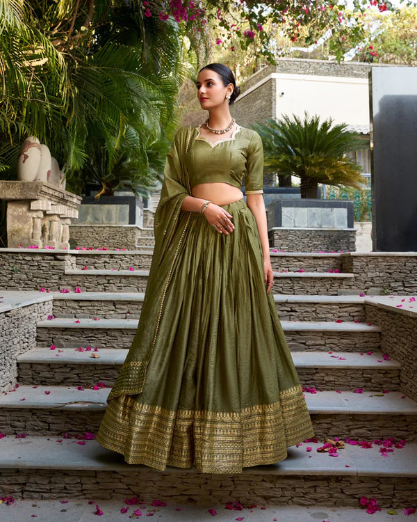Womenline Mehndi Color Pure Chanderi Plain Navratri Half Saree