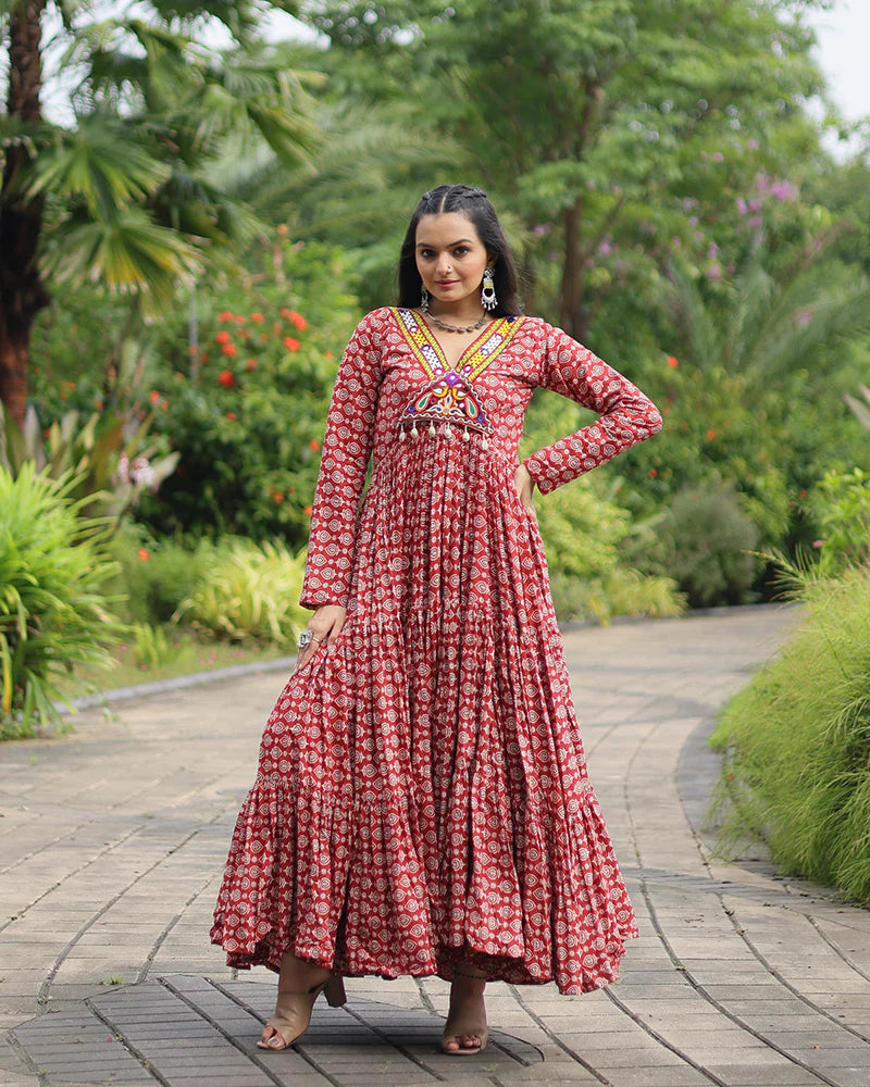 Womenline Maroon Color Cotton Gamthi Work Navratri Gown