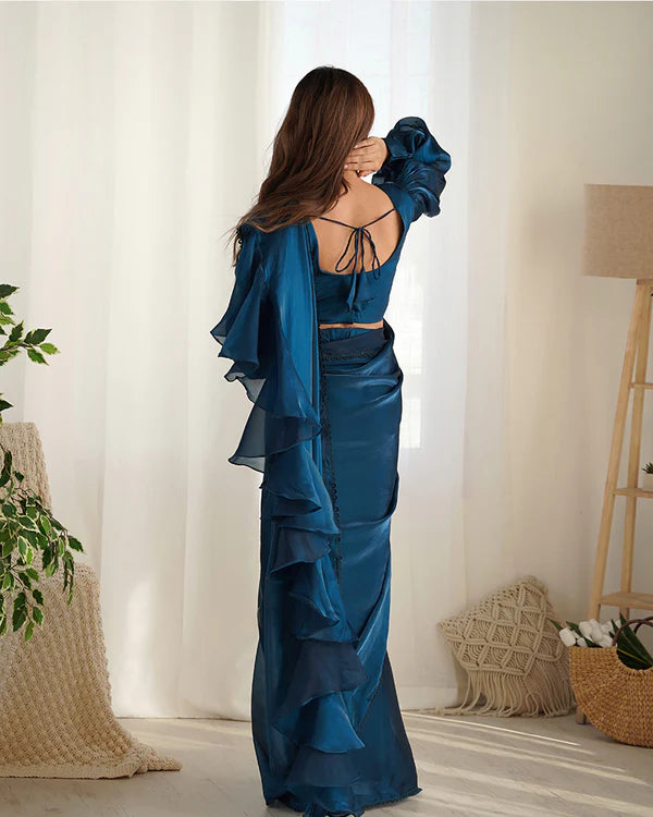 Womenline Teal Blue Color Soft Organza Saree