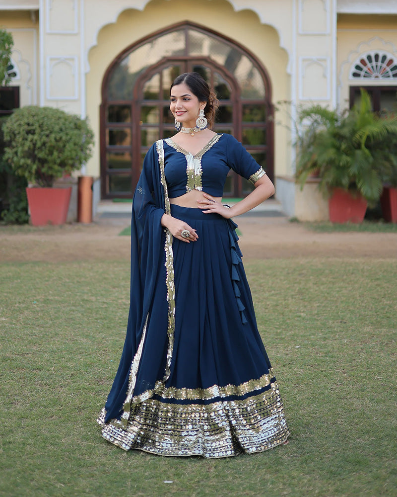 Womenline Rama Color Georgette Sequence Embroidery Lehenga Choli
