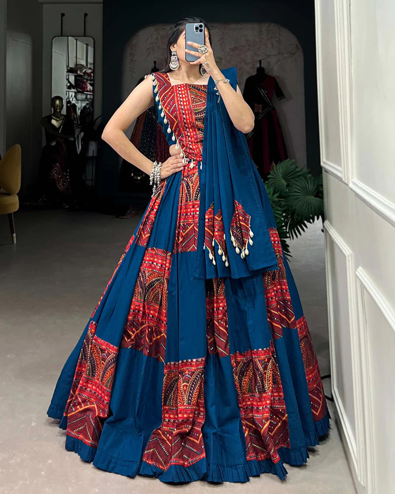 Womenline Blue Color Cotton Foil Printed Navratri Lehenga Choli