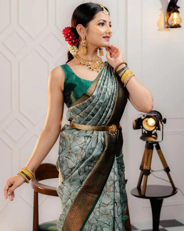 Womenline Pista Color Banarasi Jacquard Soft Silk Saree