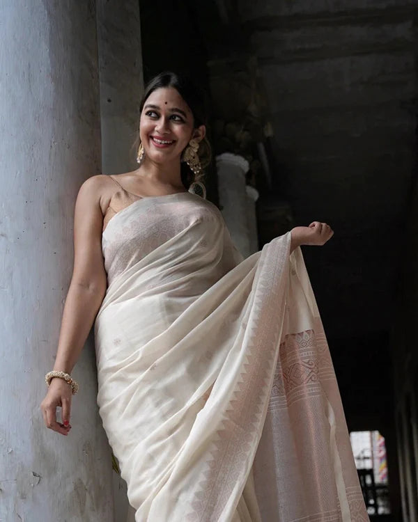 Womenline White Color Banarasi Jacquard Soft Silk Saree