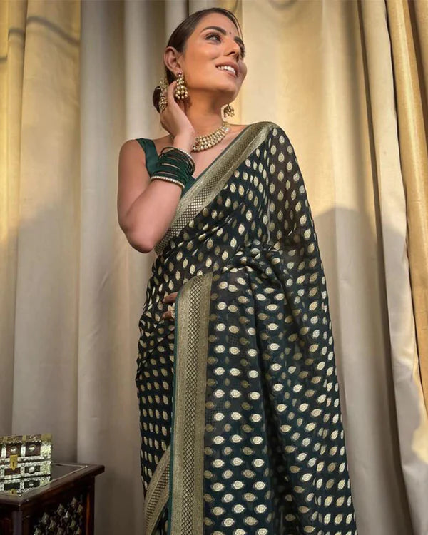 Womenline Beautiful Green Color Banarasi Jacquard Weaving Saree