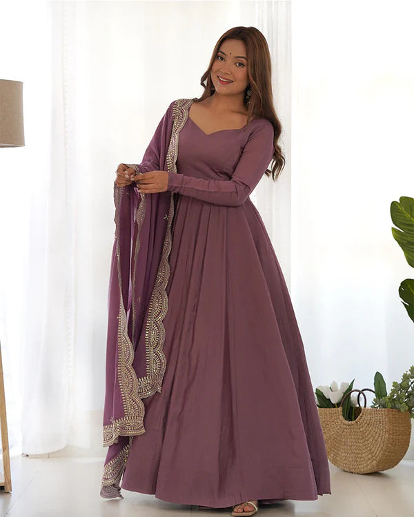 Womenline Onion Color Pure Chanderi Silk Three Piece Anarkali Suit