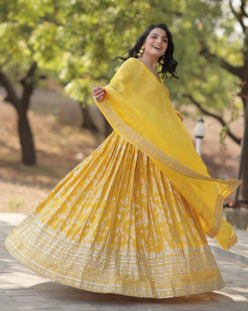 Womenline Yellow Color Pure Viscose Jacquard Lehenga Choli