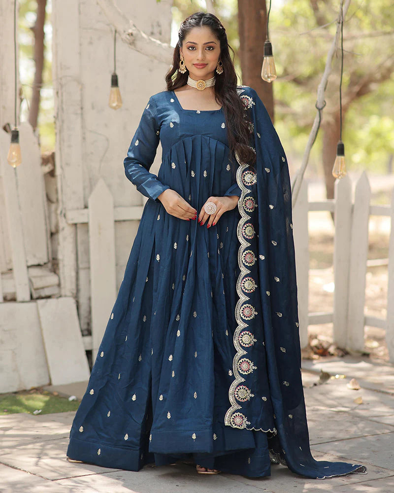 Womenline Rama Color Vichitra Shimmer Sequence Embroidered Gown