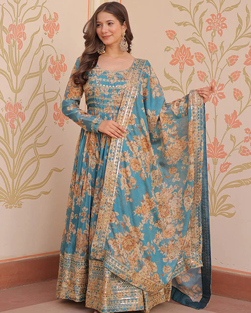 Womenline Sky Blue Color Russian Silk Embroidered Gown
