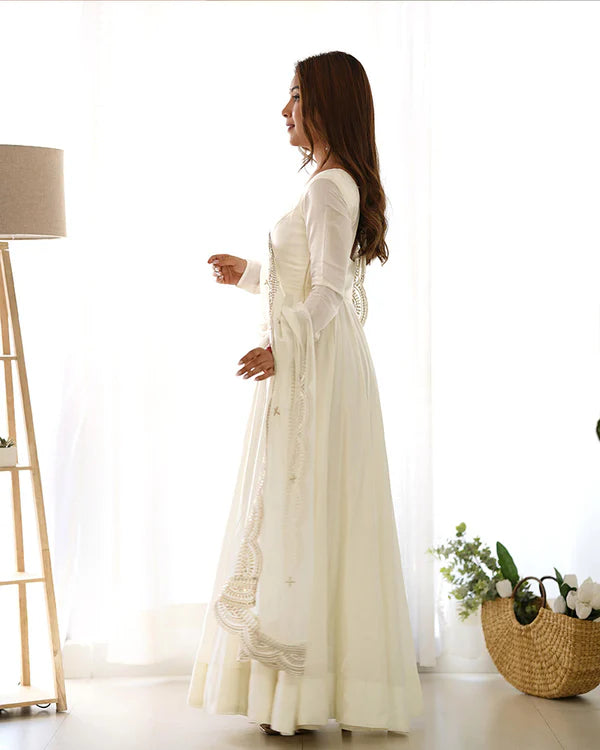 Womenline Beautiful White Color Pure Chanderi Silk Three Piece Anarkali Suit