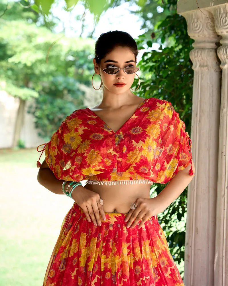 Womenline Red Color Chiffon Printed Crop Top Lehenga Choli