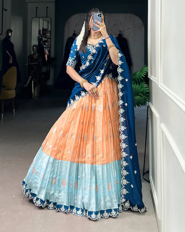Womenline Orange Color Zari Kota Embroidered Half Saree