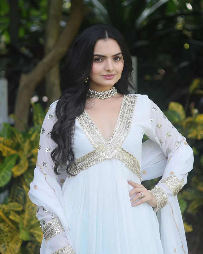Womenline Wedding Wear Embroidered White Color Alia Cut Gown With Dupatta