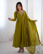 Womenline Mehndi Green Color Georgette Embroidered Three Piece Anarkali Suit