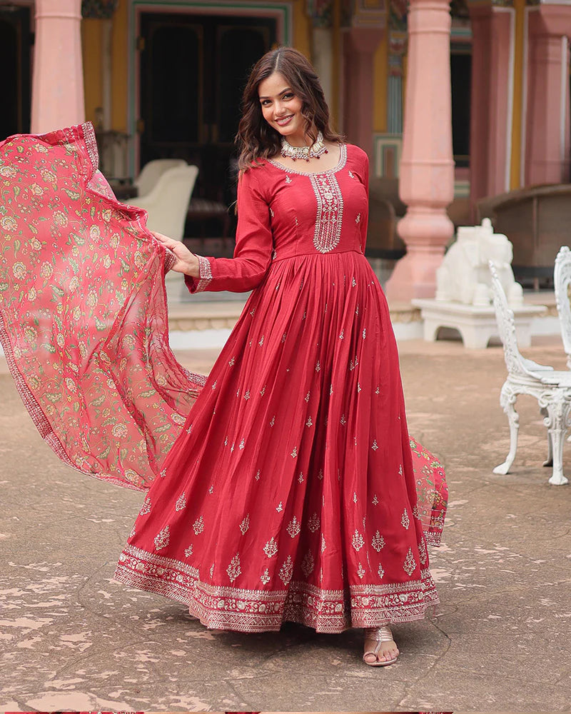Womenline Maroon Color Chinnon Sequence Embroidered Gown