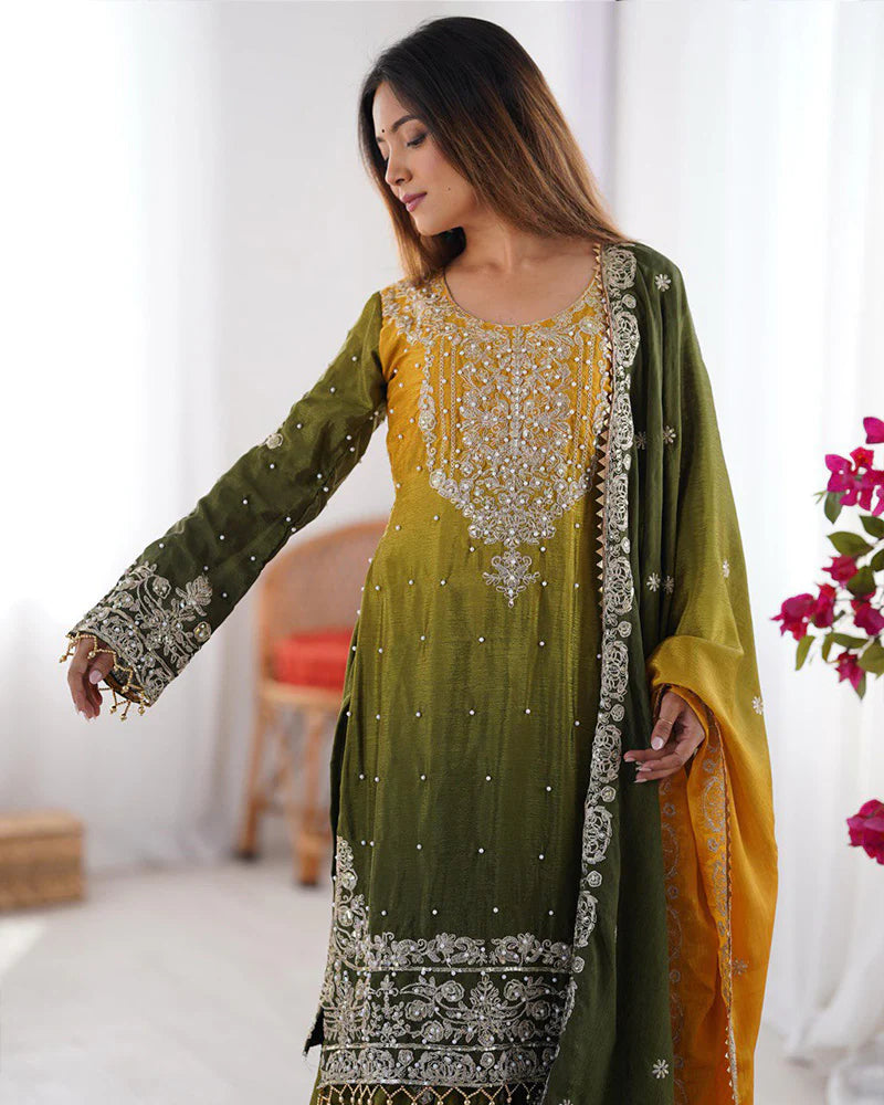 Womenline Mehndi Color Chinnon Sequence Work Plazzo Suit