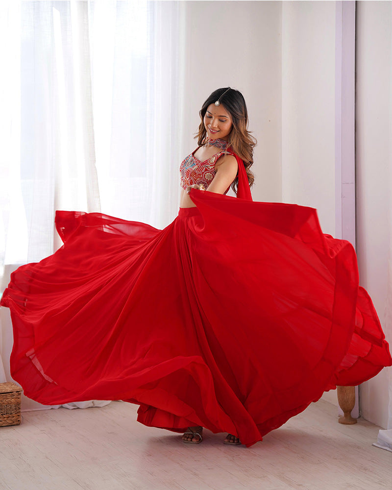 Womenline Red Color Pure Soft Georgette Lehenga Choli