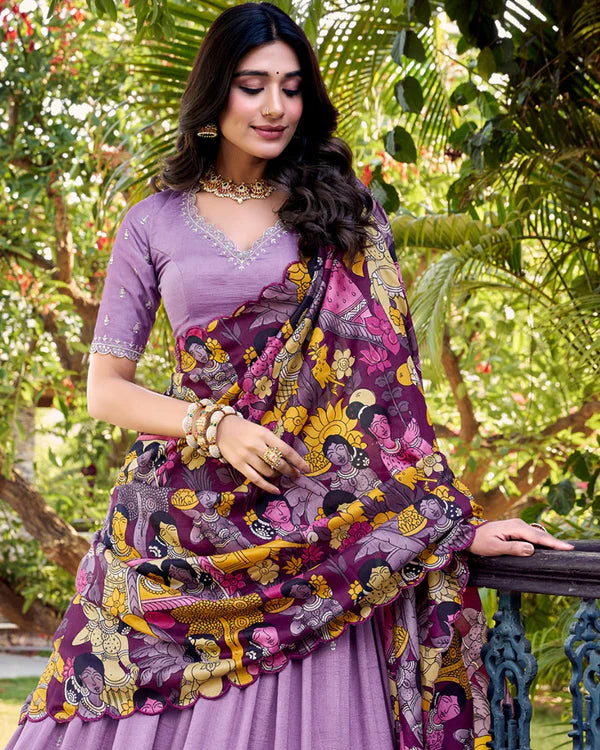 Womenline Lavender Color Vichitra Silk Embroidered Half Saree