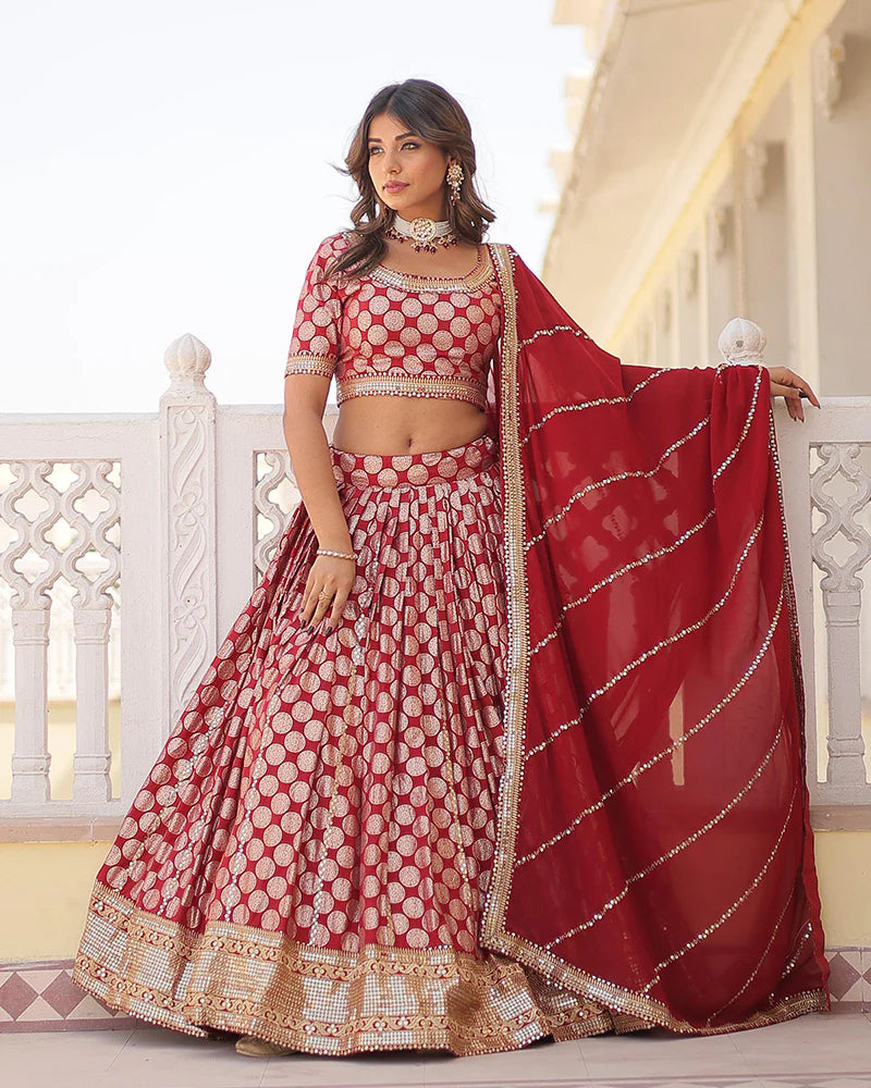 Womenline Red Color Pure Viscose Jacquard Lehenga Choli