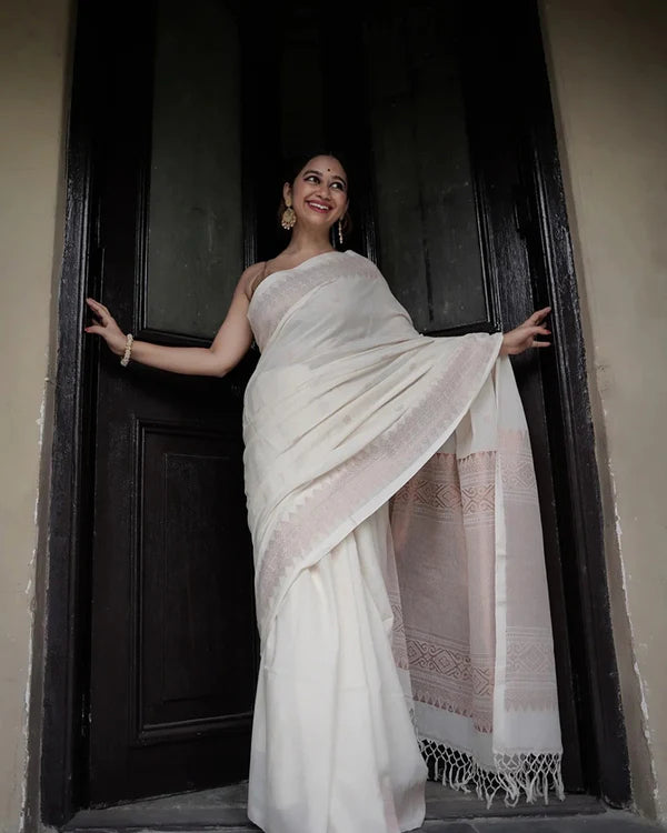 Womenline White Color Banarasi Jacquard Soft Silk Saree