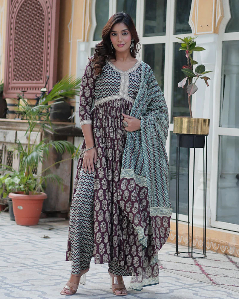 Womenline Coffee Brown Color Printed Pure Cotton Three Piece Kurti Suit