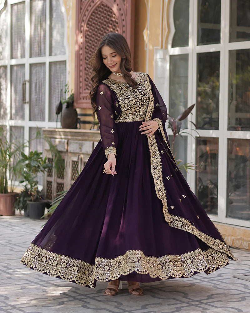 Womenline Wine Color Faux Blooming Embroidered Gown