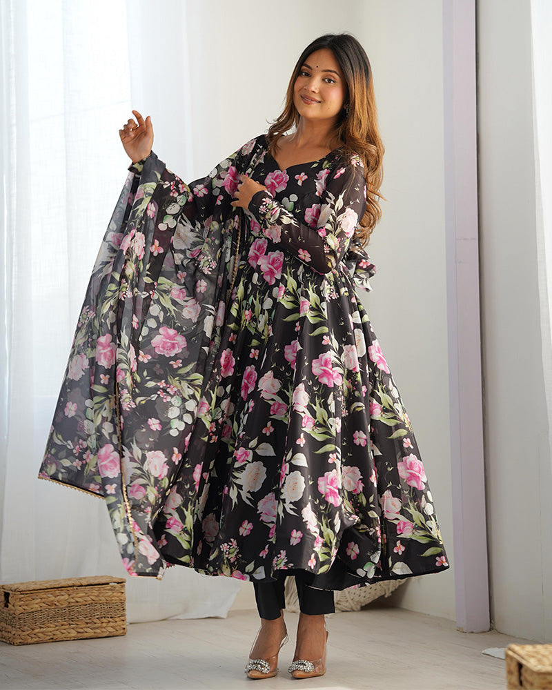 Womenline Black Color Pure Soft Organza Three Piece Anarkali Suit