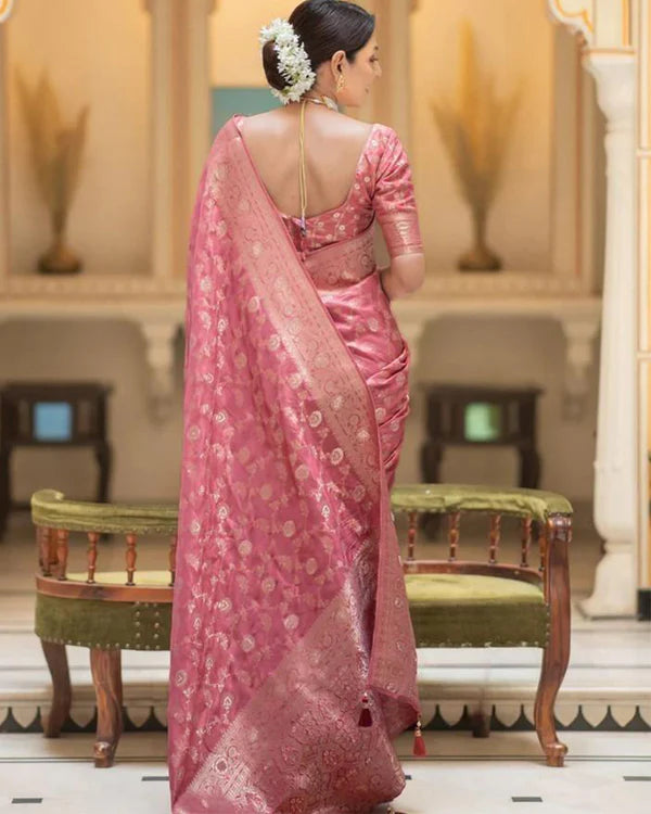 Womenline Orange Color Banarasi Jacquard With Zari Work Saree