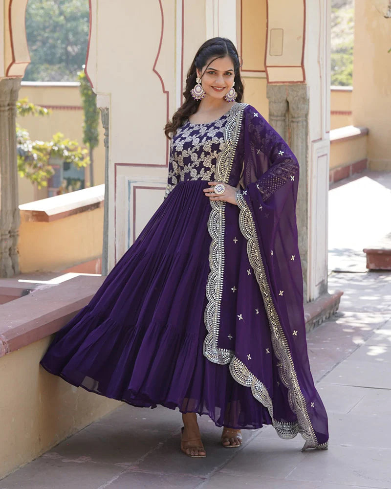 Womenline Purple Color Anarkali Gown With Faux Blooming Dupatta