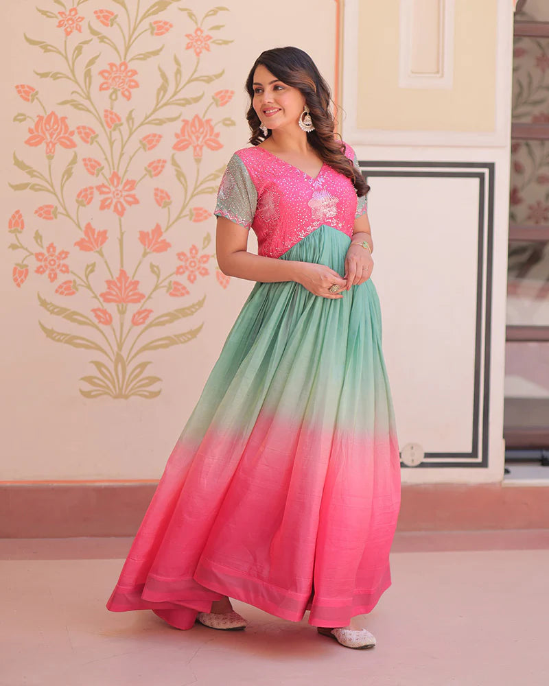 Womenline Pink Color Gold Crush Embroidered work Gown