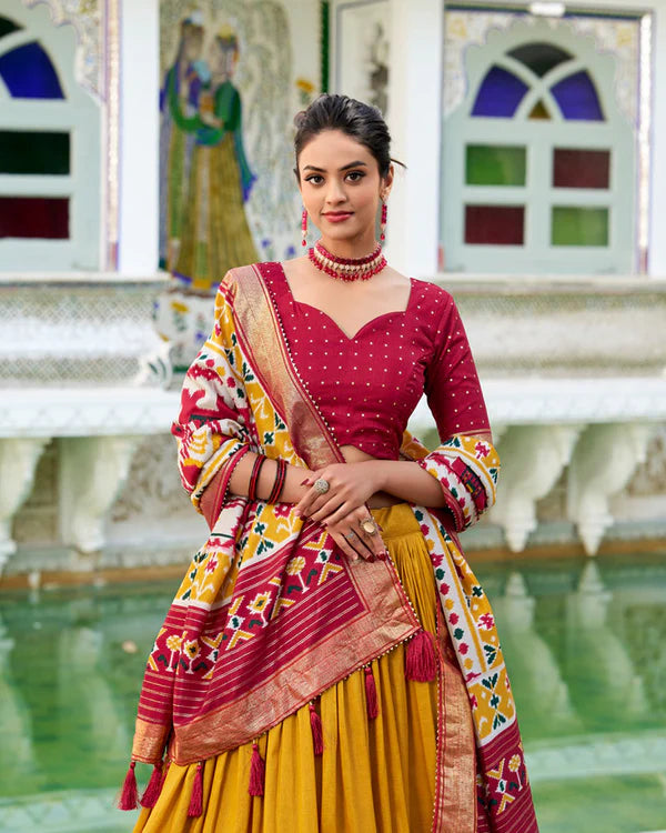 Womenline Mustard Color Tussar Silk Patola Printed Half Saree