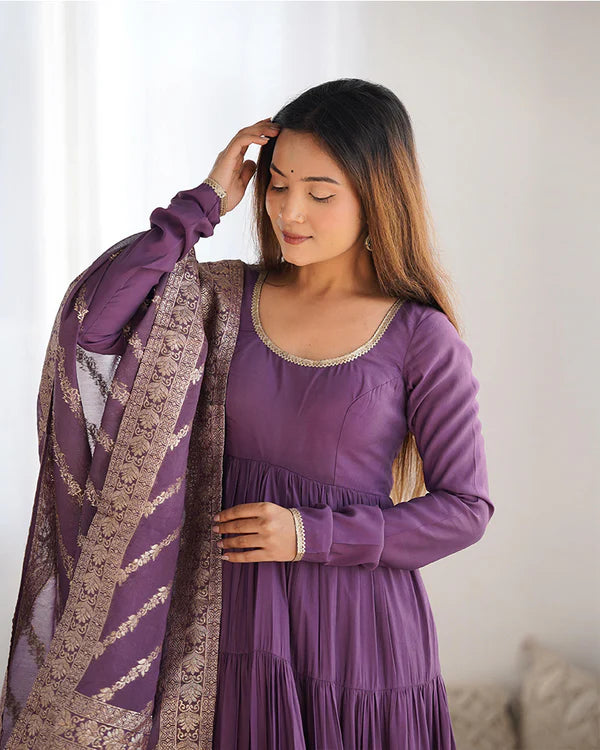Womenline Dusty Purple Color Pure Roman Silk Ruffle Style Anarkali Suit