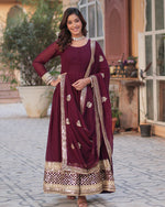 Womenline Royal Maroon Color Faux Blooming Zari Embroidered Work Gown
