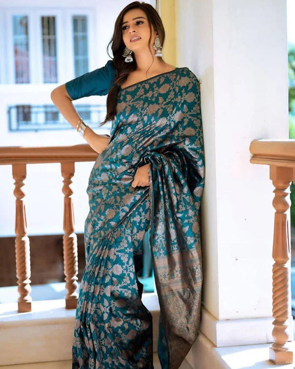 Womenline Rama Color Banarasi Jacquard Soft Silk Saree