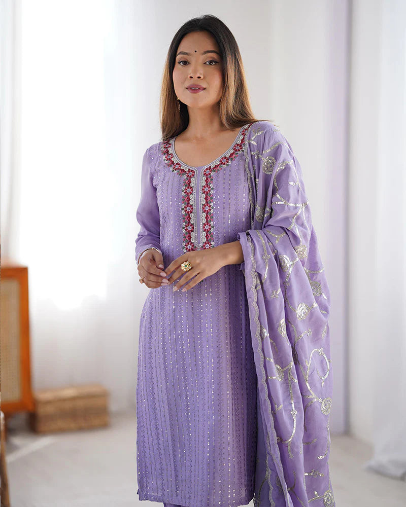 Womenline Light Purple Color Chinon Silk Three Piece Kurti Suit