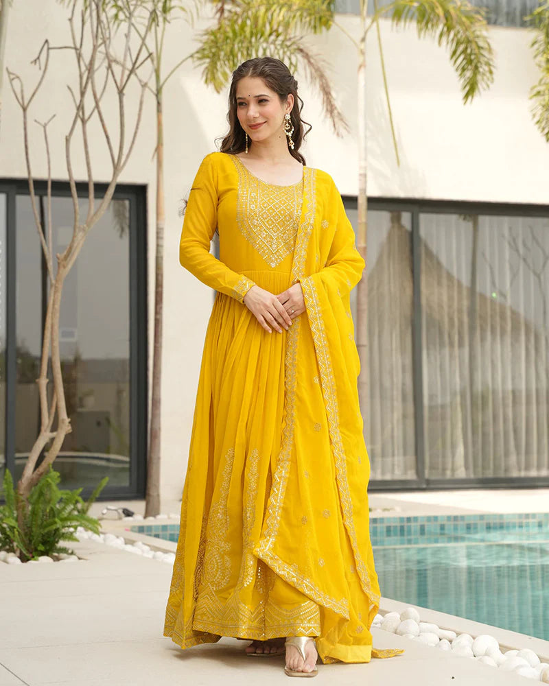 Womenline Yellow Color Faux Blooming Embroidered Gown