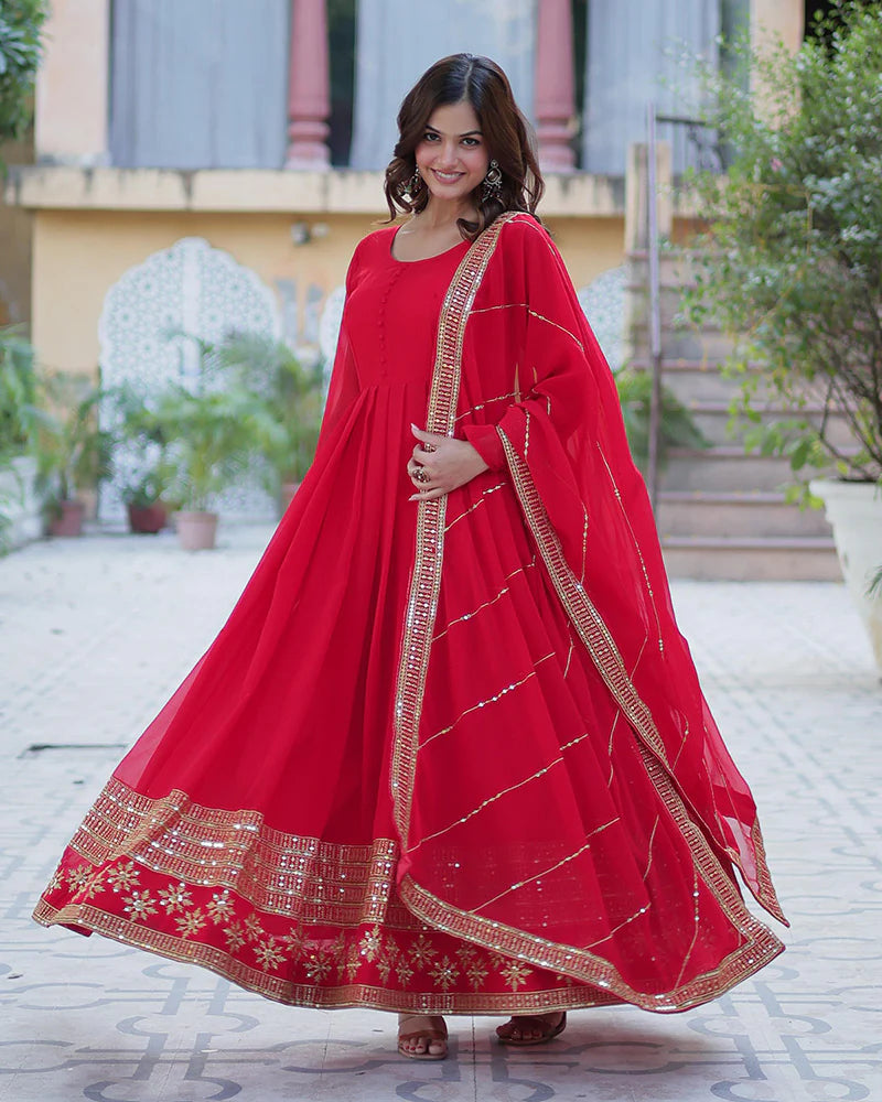 Womenline Exclusive Red Color Attractive Sequence Embroidery Work Gown