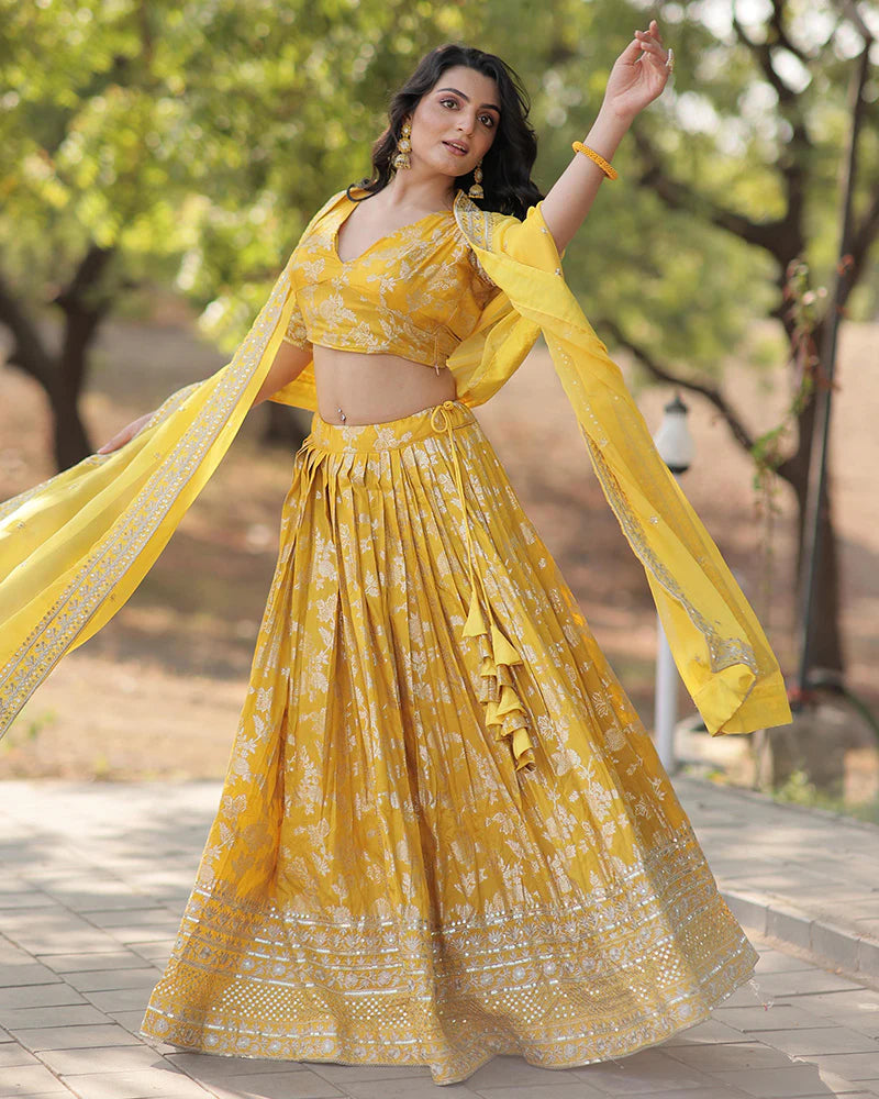 Womenline Yellow Color Pure Viscose Jacquard Lehenga Choli