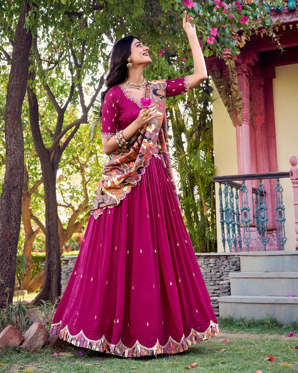Womenline Pink Color Vichitra Silk Embroidered Half Saree