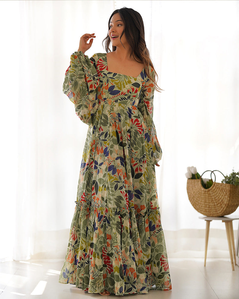 Womenline Maxi Style Pista Color Faux Georgette Gown With Balloon Sleeves
